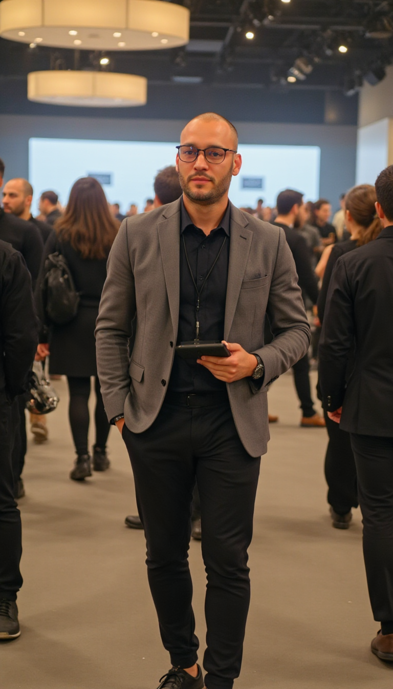 Guilherme Vilalva em evento corporativo segurando tablet